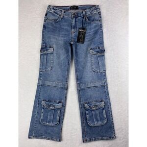 ChicConnect Cargo Jeans Bright Light Blue Pockets Denim Pants Women's Size 7 NWT
